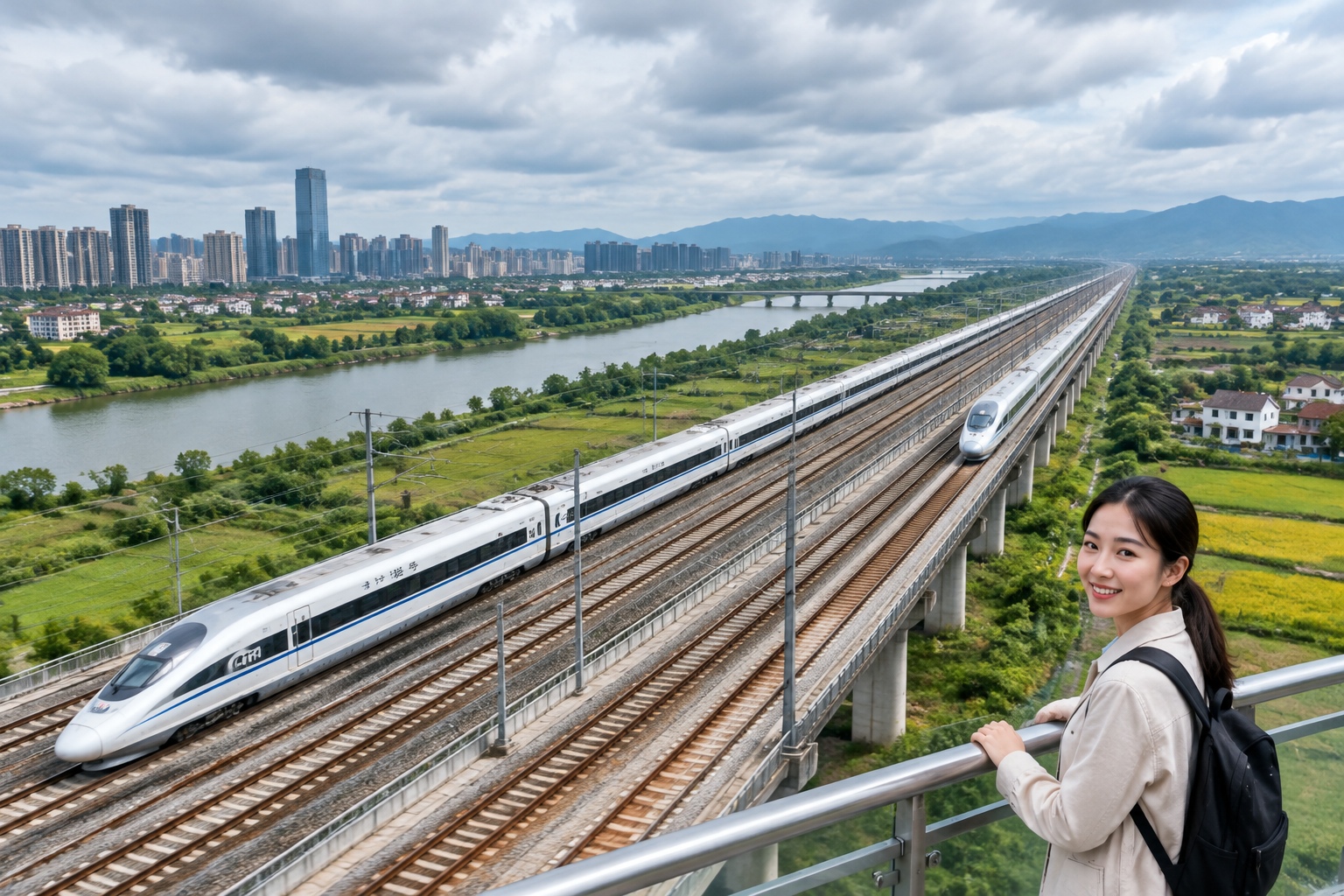 Aerial photograph showing the extensive network of Chinese high-speed rail tracks connecting cities and countryside