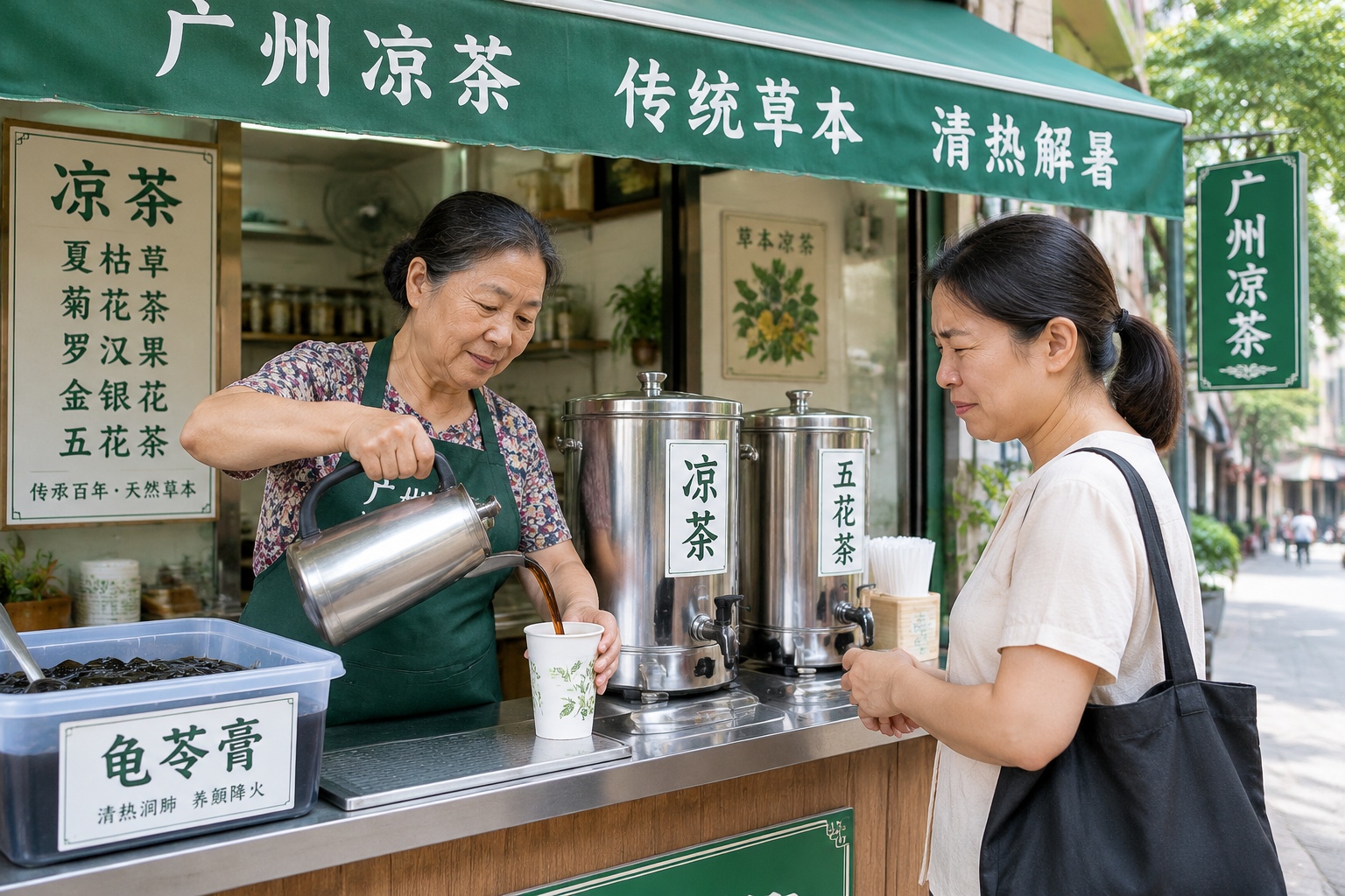 Woman pouring bitter herbal tea at a small shop in Guangzhou with steel urns
