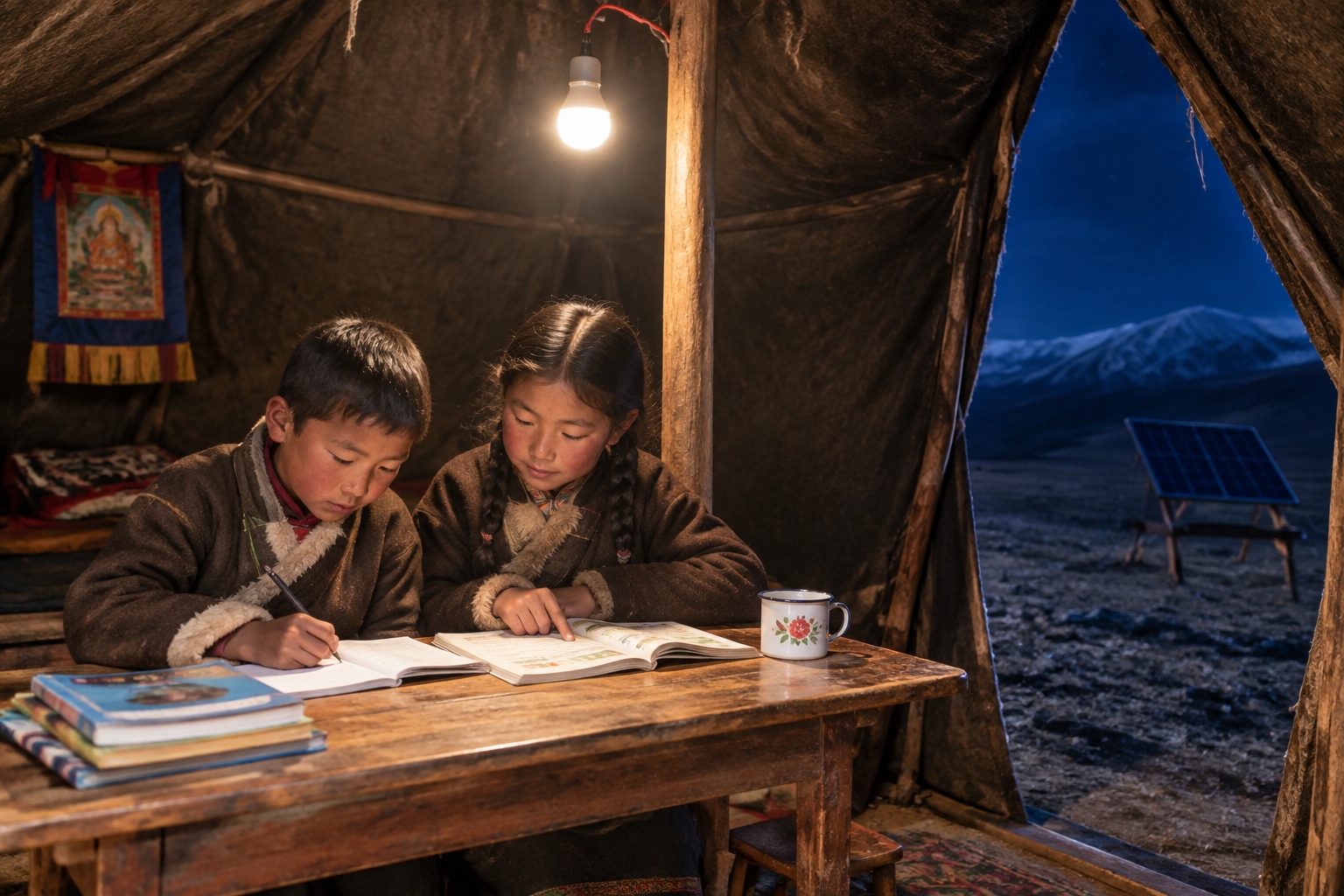 Tibetan children doing homework by LED light from solar power inside a herding tent