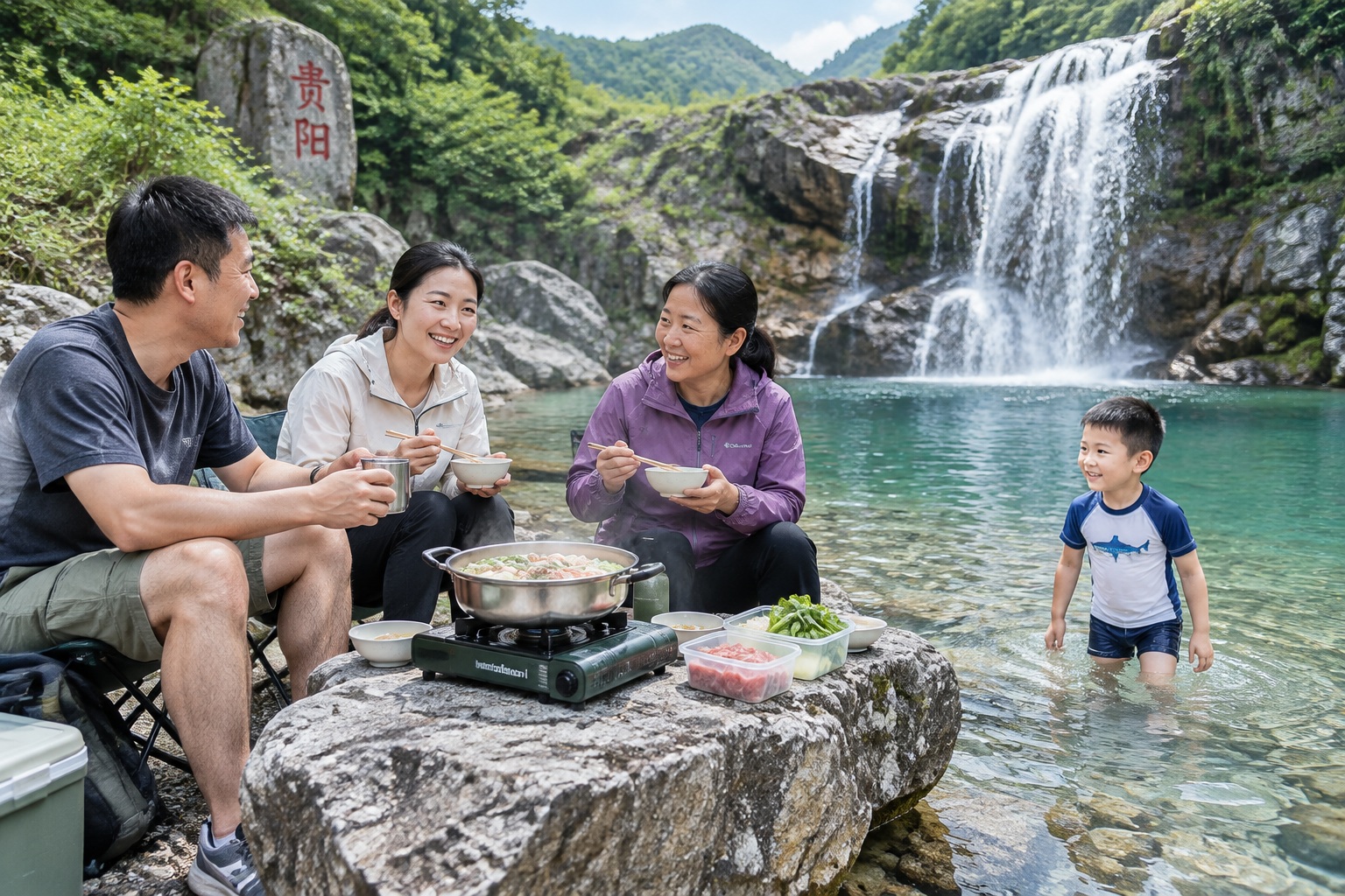 Locals cooking hotpot during a waterfall picnic in Guiyang