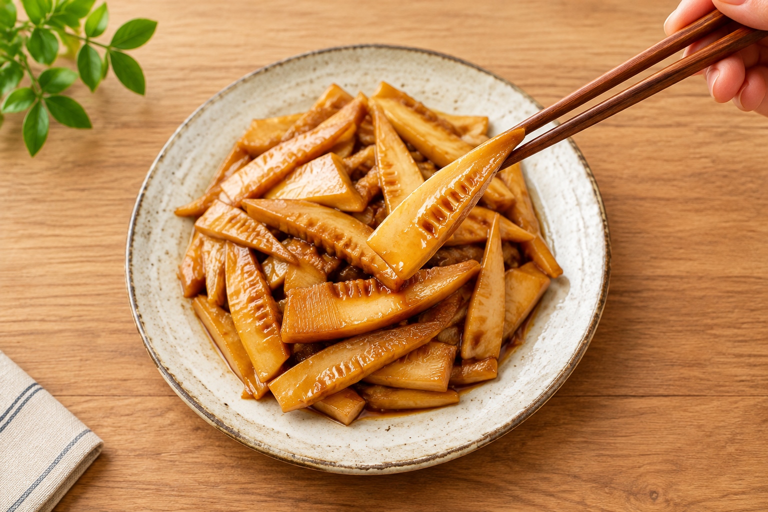 Braised bamboo shoots (Youmen Chunsun) served on a ceramic plate with chopsticks