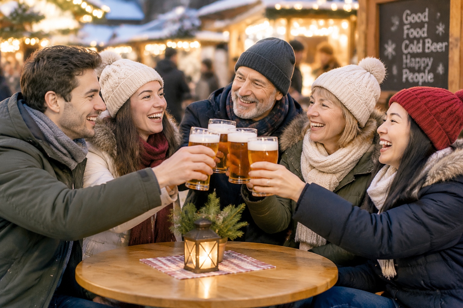 Locals enjoying drinks and conversation at a Qiqihar BBQ street stall, showcasing community bonding.