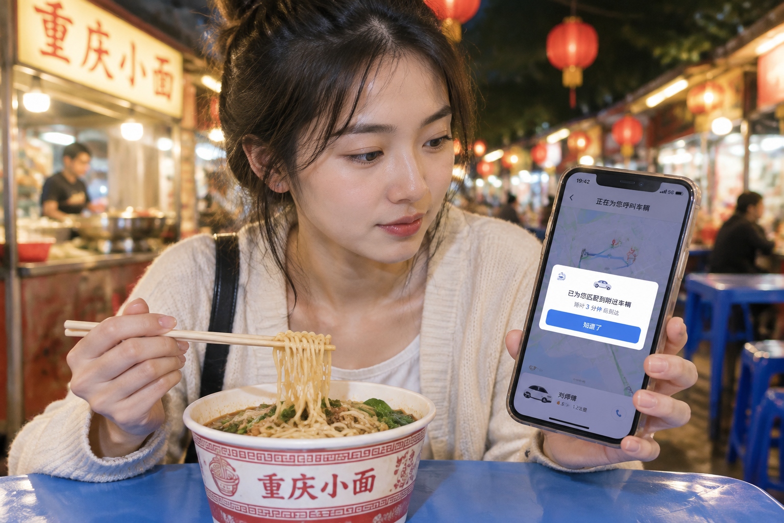 A young woman dining alone at a night market stall in China, checking her phone for transportation, illustrating the safety of solo nighttime activities.
