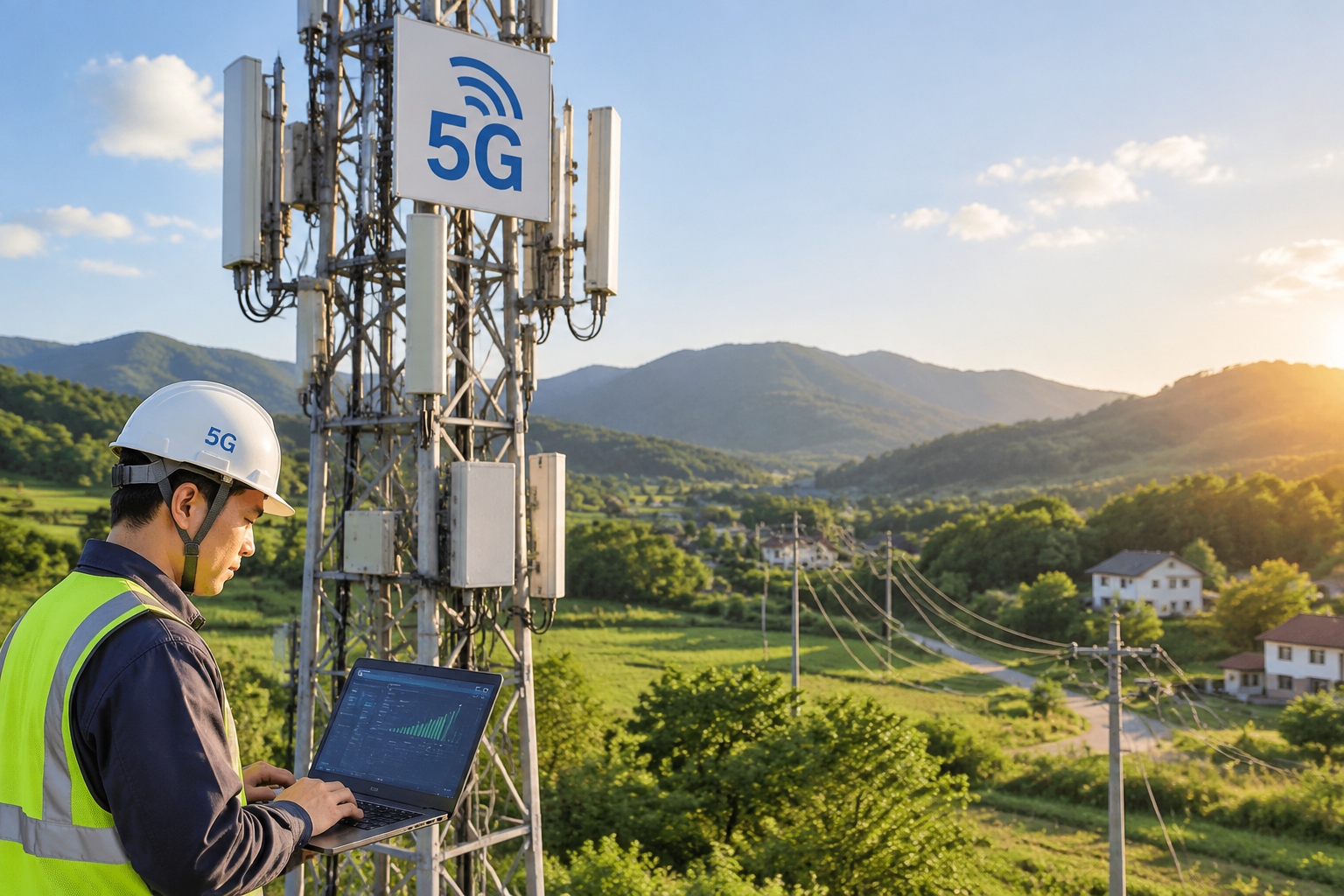 5G tower and power infrastructure supporting digital life in remote Chinese countryside areas
