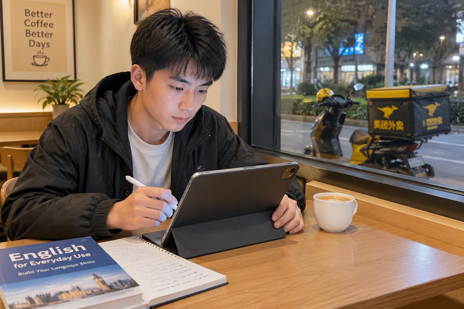 Young Chinese delivery rider studying English on a tablet inside a cafe after work