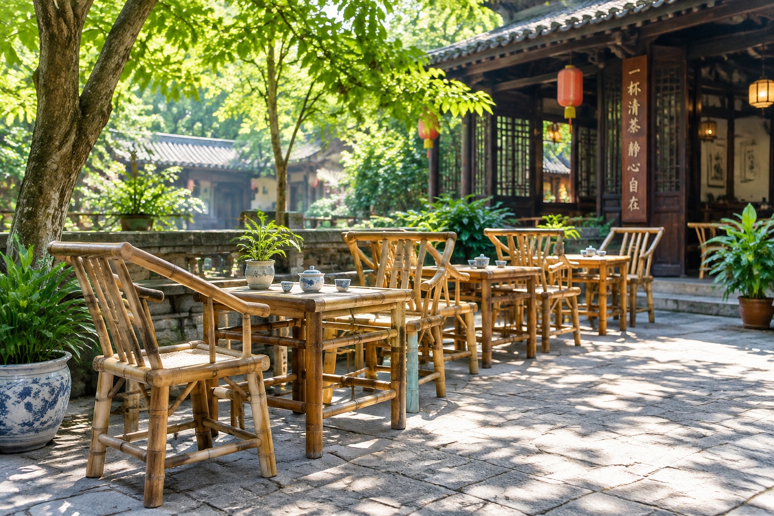 Sichuan Teahouses: Bamboo Chairs, Gaiwan, and Gossip 23 Empty bamboo chairs and tables in a courtyard of a traditional Sichuan teahouse, sunlight filtering through leaves, morning calm