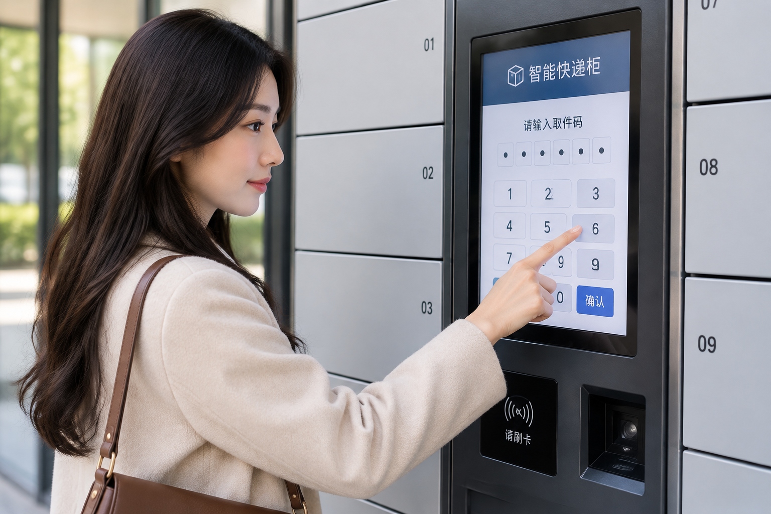 User inputting a pickup code on a smart locker keypad