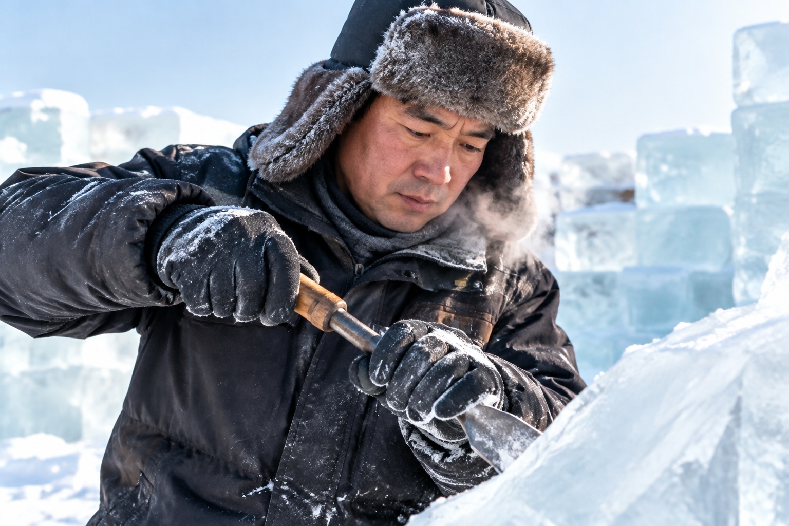 A Chinese ice carver working on large ice blocks during the Harbin Ice Festival construction in freezing temperatures
