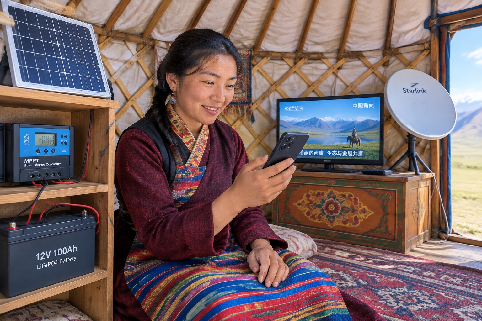 Tibetan herder using a smartphone powered by solar energy inside her tent