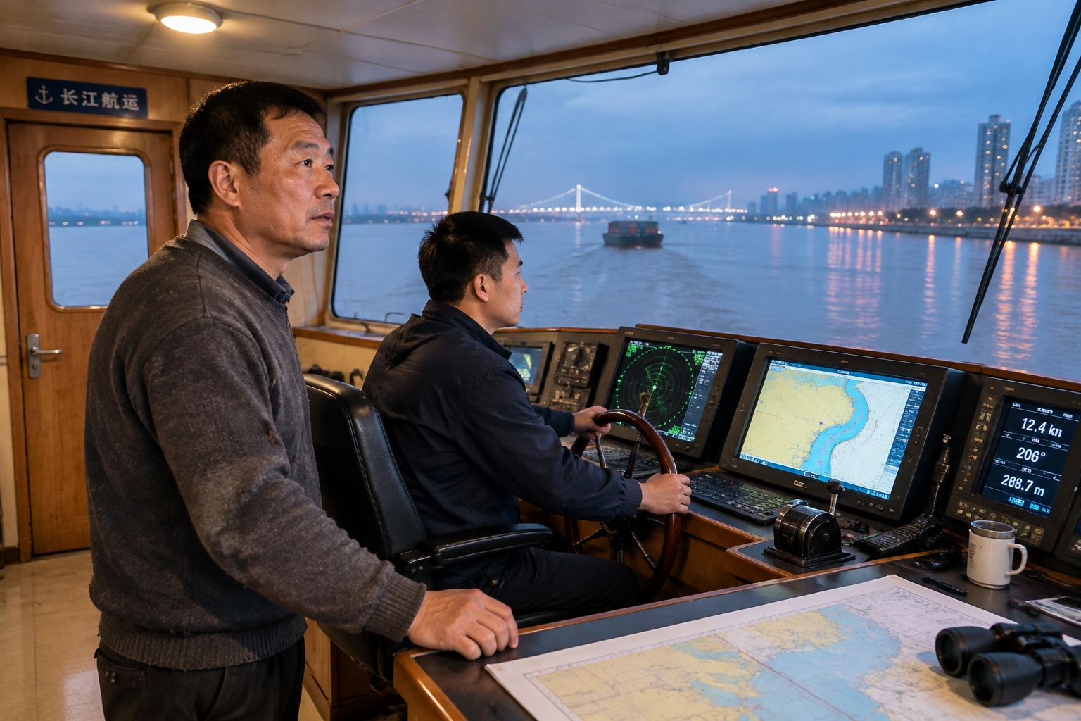 A captain and helmsman on the bridge of a river container ship travelling upstream on the Yangtze at dusk, with a riverside city ahead