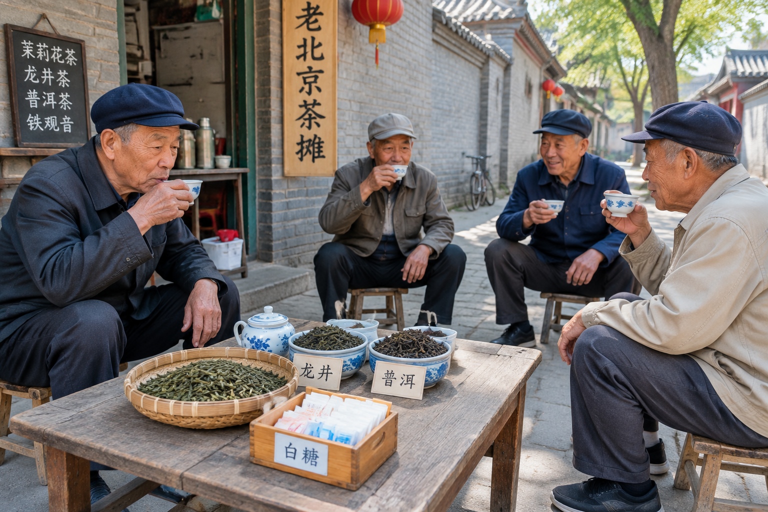 Elderly locals chatting at an old-fashioned tea stall in Beijing with tea leaves arranged on a saucer to signal service needs
