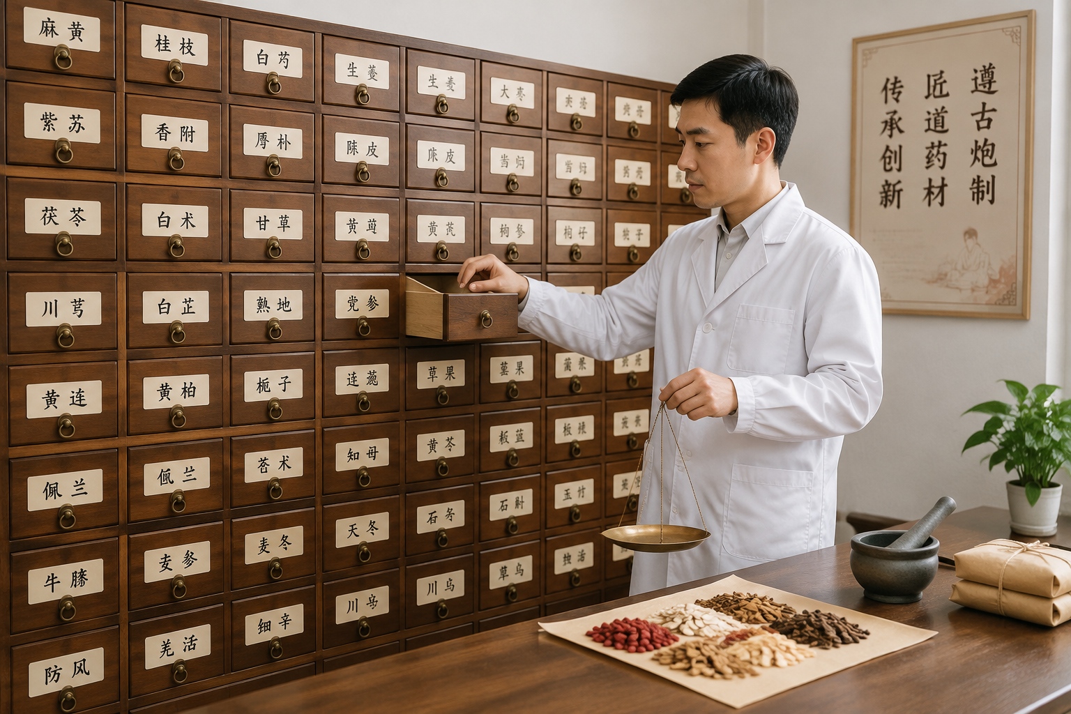 A wall of labeled wooden drawers used for storing traditional Chinese herbs in a pharmacy