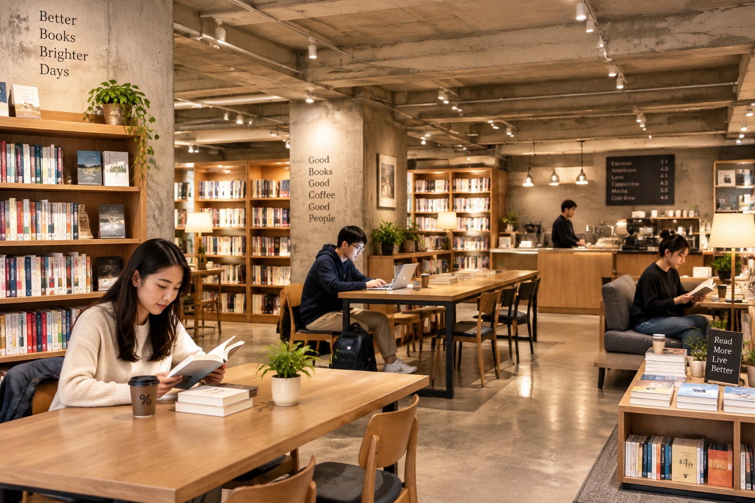 Young students and designers relaxing inside an atmospheric underground indie bookstore in Nanjing