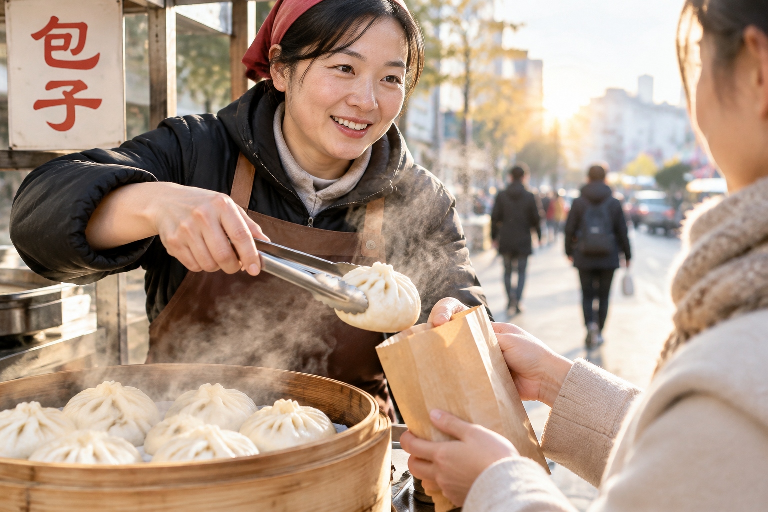 Street vendor serving fresh steamed buns to commuters in Beijing at dawn