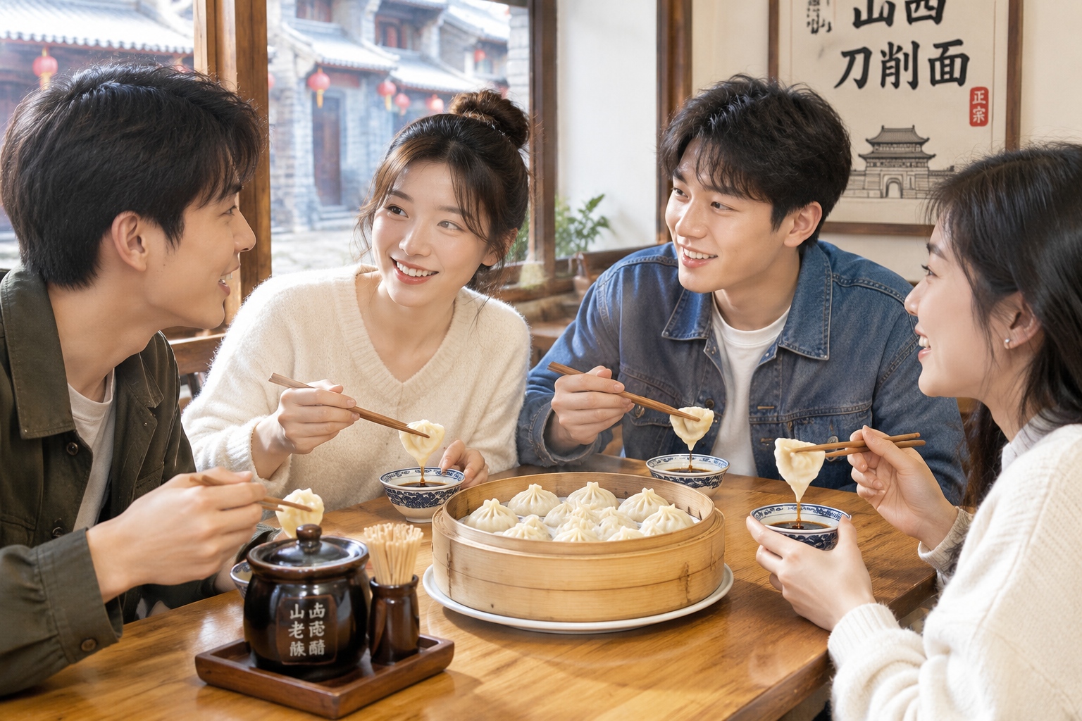 Young locals dining in Shanxi using traditional vinegar as a condiment for dumplings