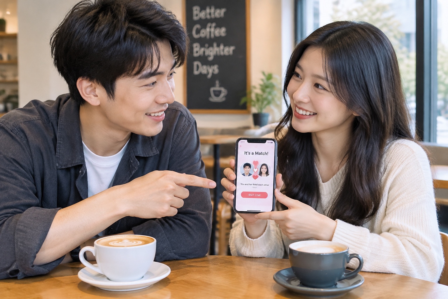 A young Chinese couple meets in a coffee shop after connecting on Soul app, smiling and talking, showing how anonymous connections can lead to real-life relationships.