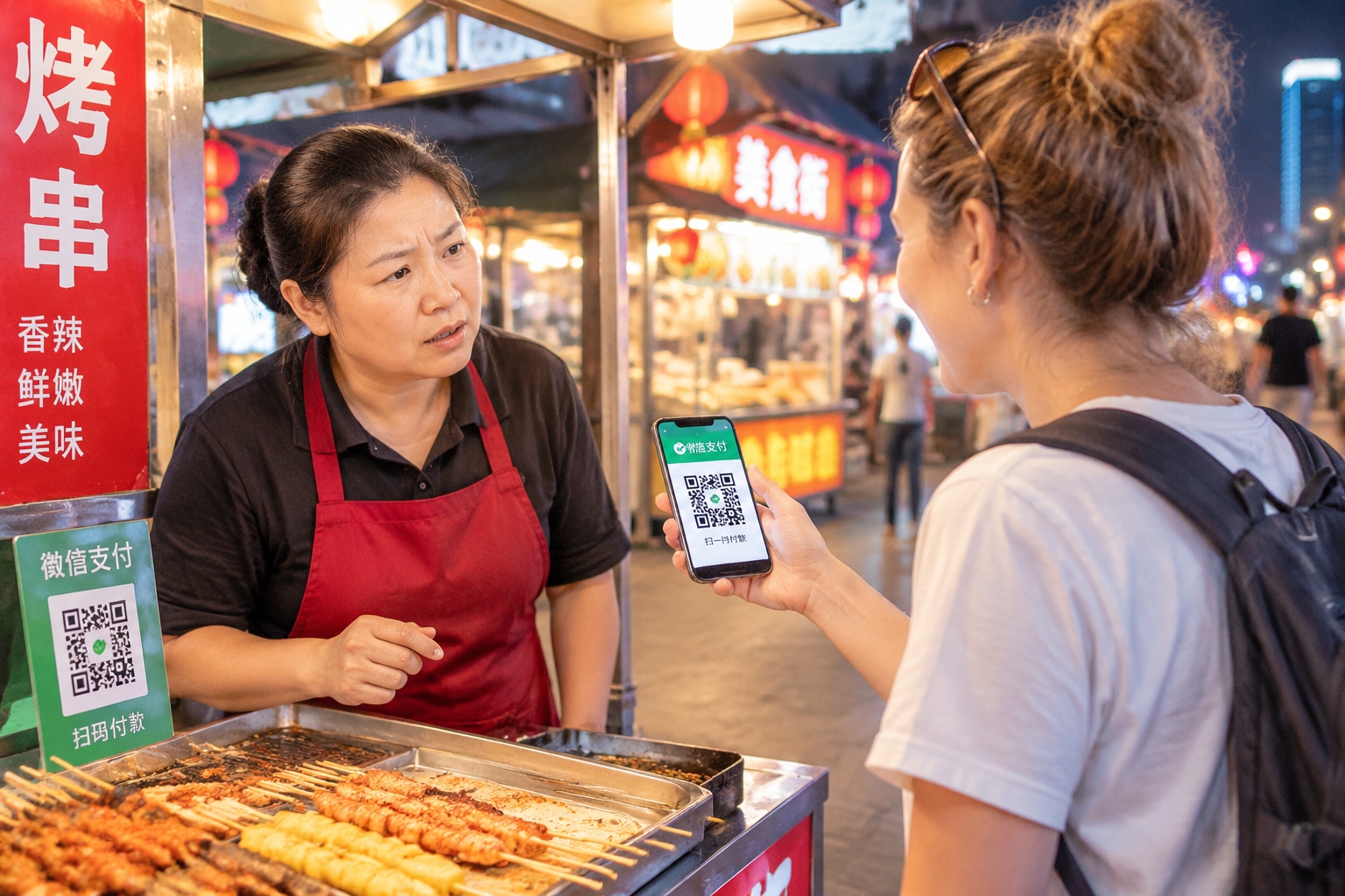 A street vendor interacting with a tourist regarding mobile payment options at night