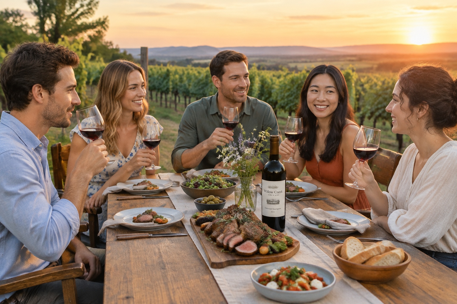 Tourists enjoying a wine tasting session with local food in a vineyard in Ningxia, China.