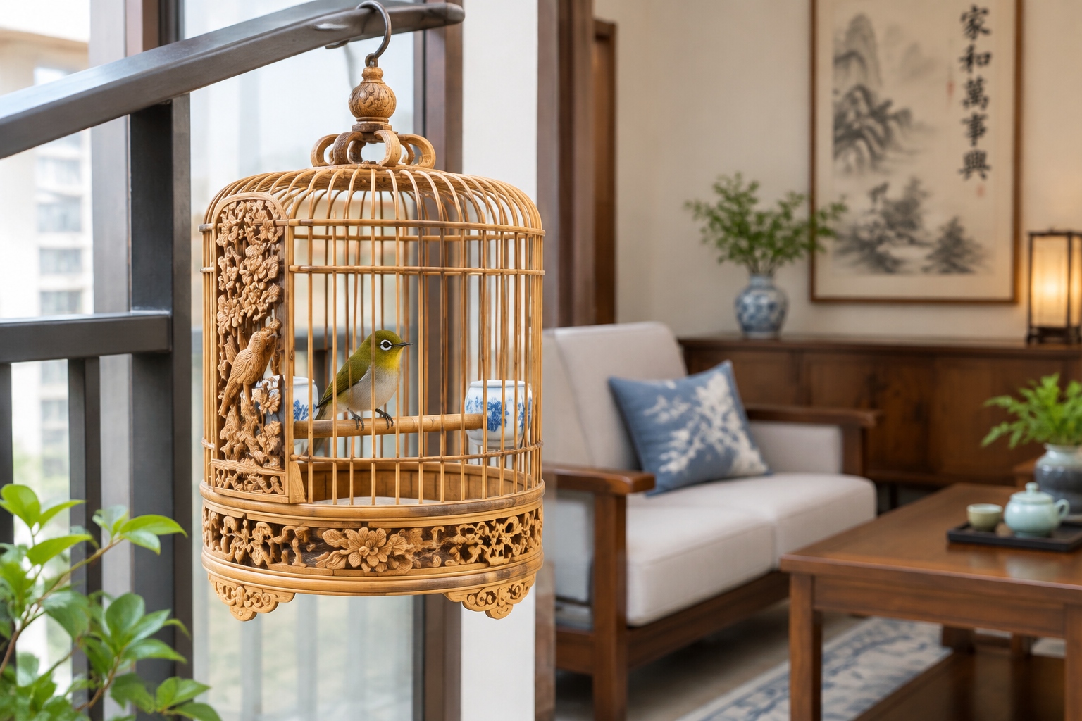 An ornate bamboo birdcage hanging on a balcony, representing the traditional urban hobby of bird keeping in China.