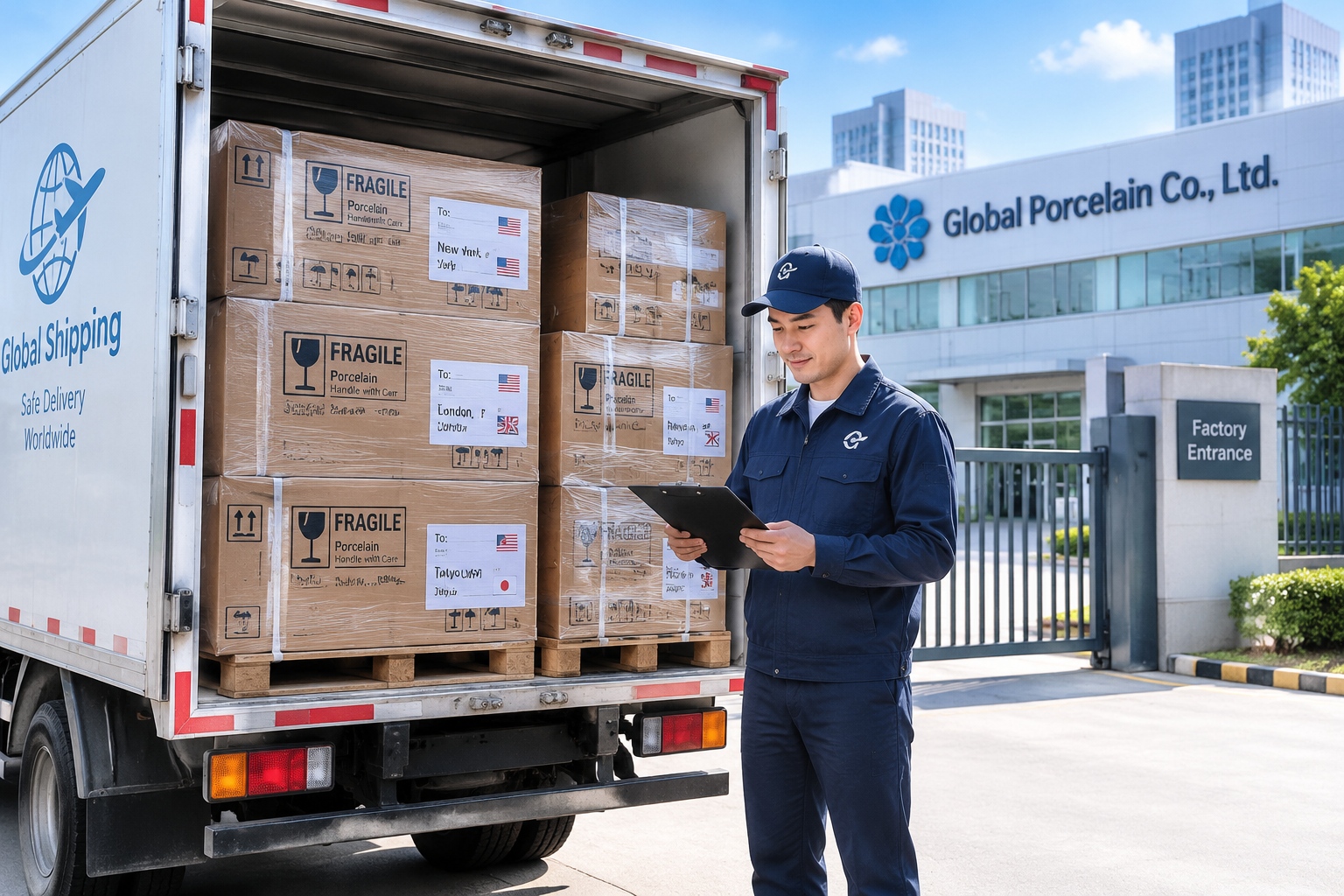 Chinese porcelain products being loaded onto a logistics truck for global shipping from a manufacturing hub.