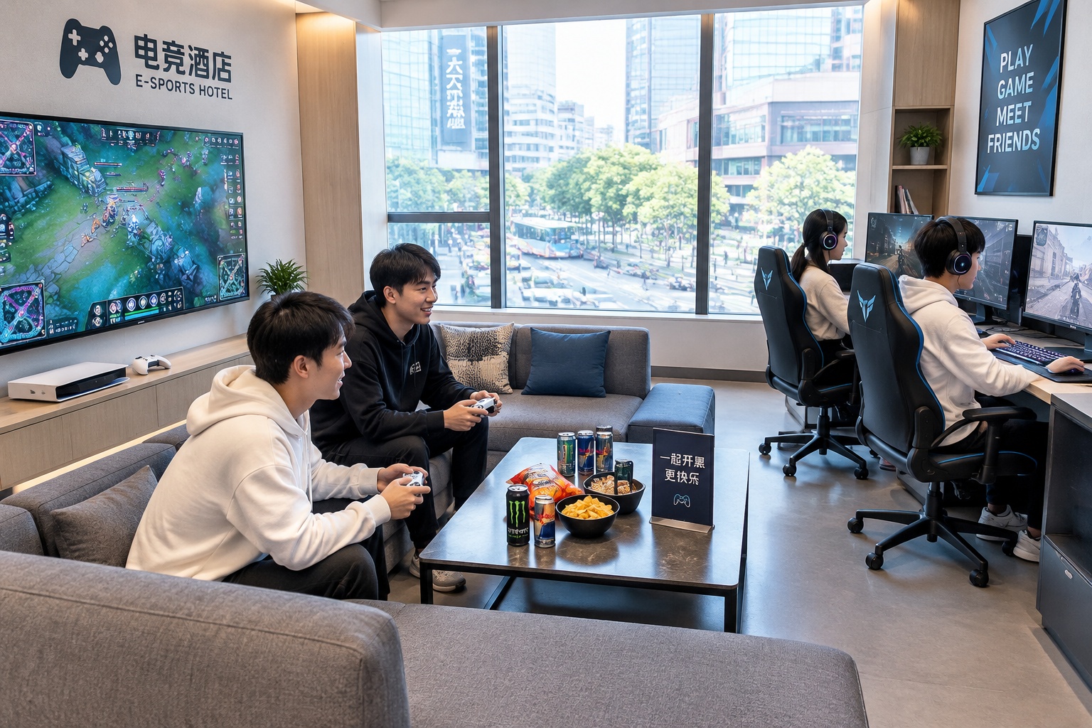 Sleep, Eat, Game: Inside China's Rising E-Sports Hotel Trend 23 Guests socializing and playing games in the shared lounge area of an e-sports hotel