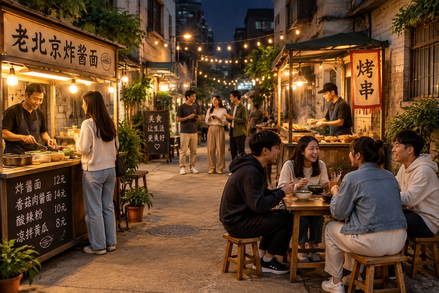 Bustling late-night street food alley in China with locals enjoying hidden culinary gems
