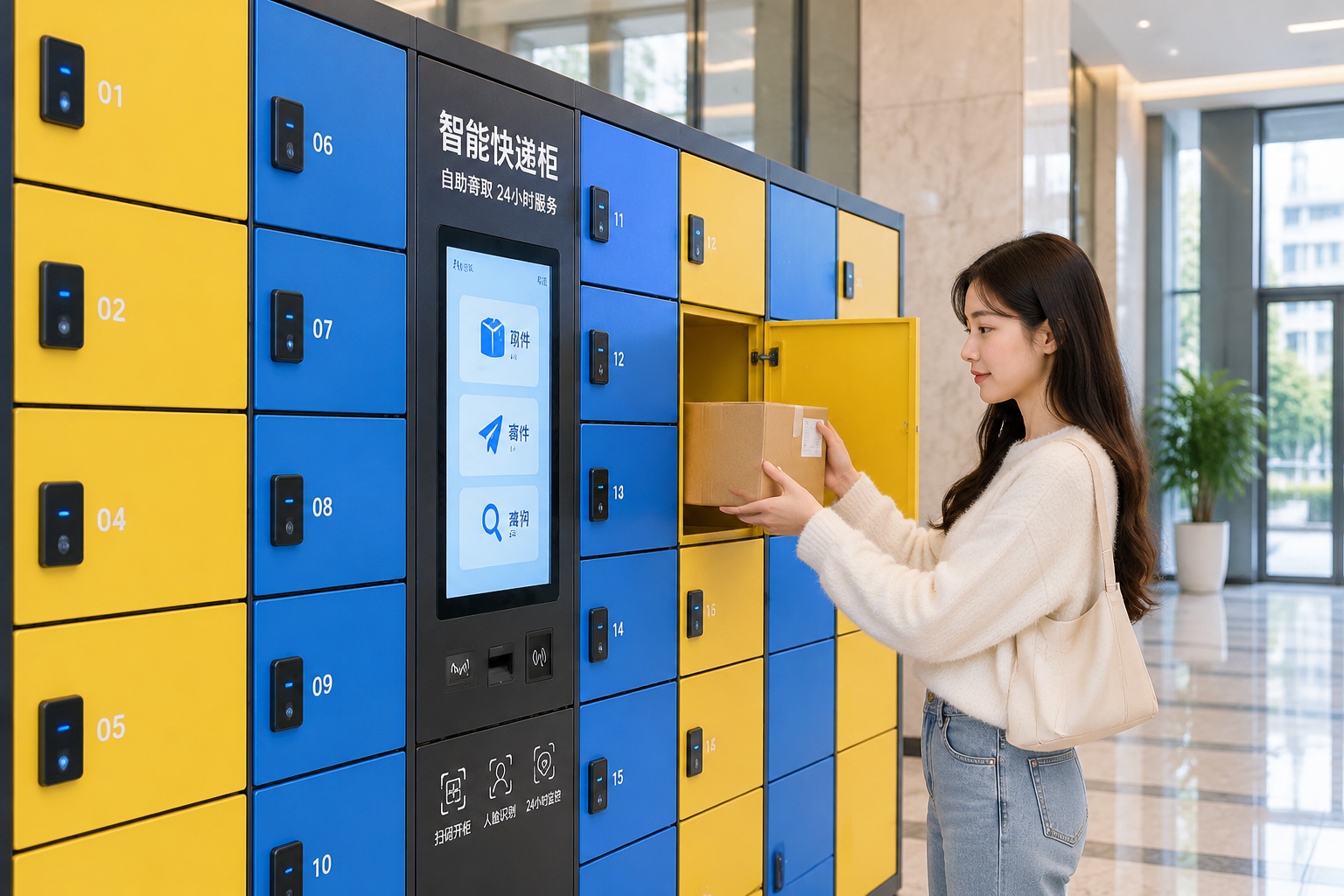 Rows of yellow and blue smart delivery lockers installed in a hotel lobby wall