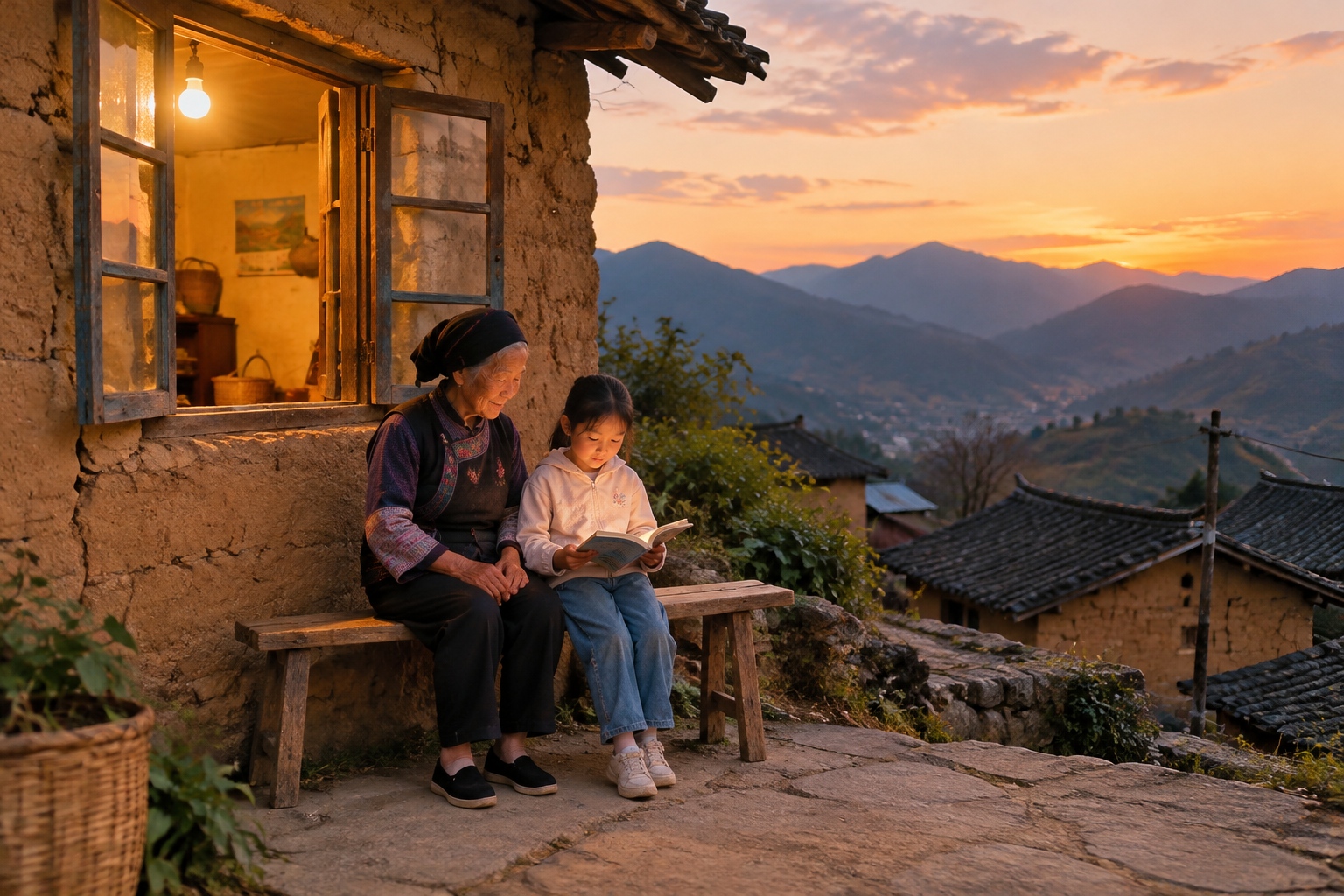 Elderly woman and child reading under a single light bulb in a remote Yunnan village, illustrating rural electrification in China