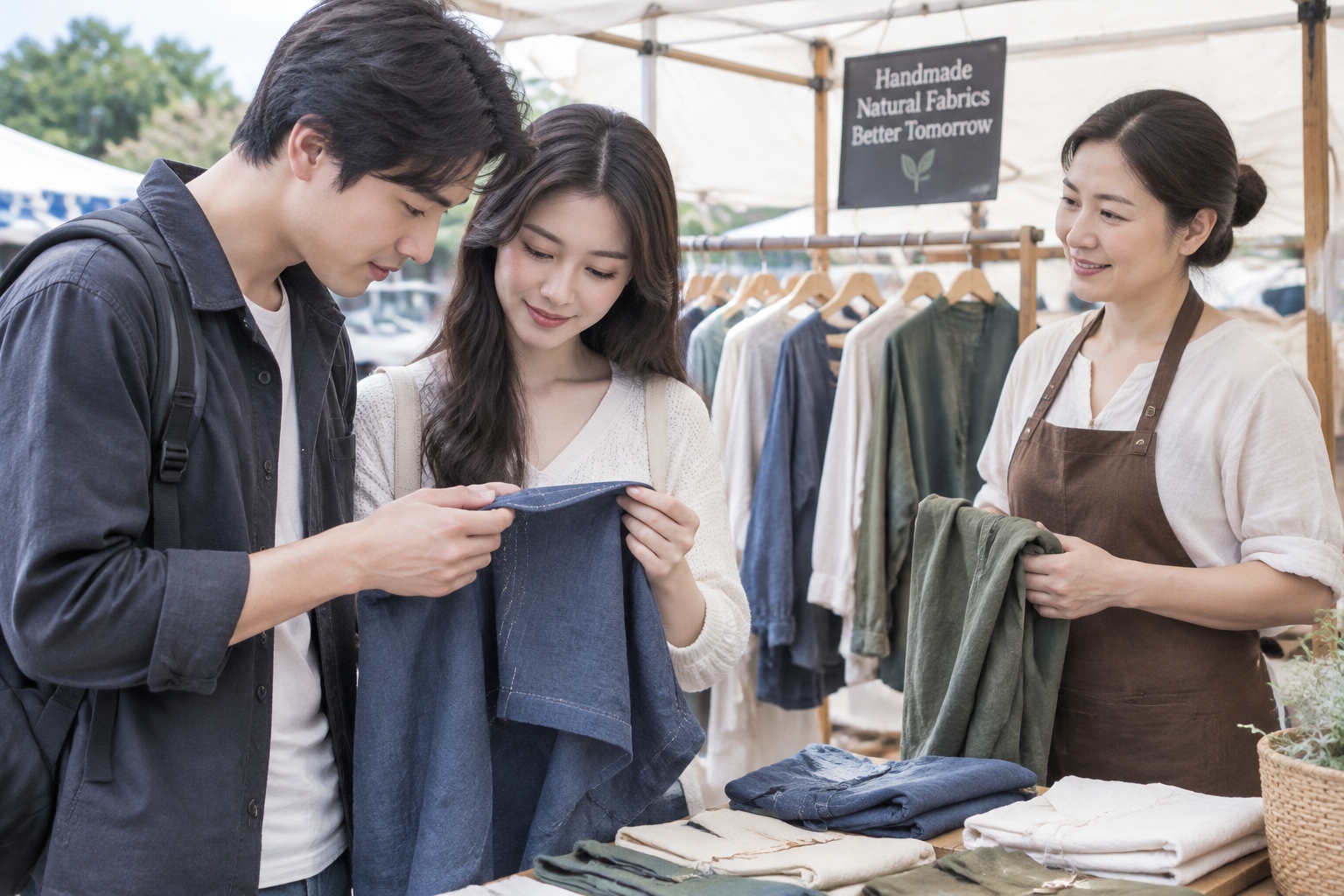 Travelers inspecting fabric quality and stitching details before negotiating a purchase in a Chinese market