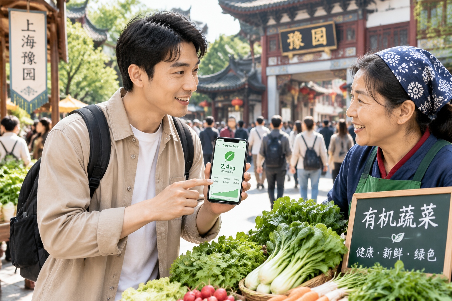 Young Chinese professional checking a sustainable living app at an outdoor vegetable market in Shanghai