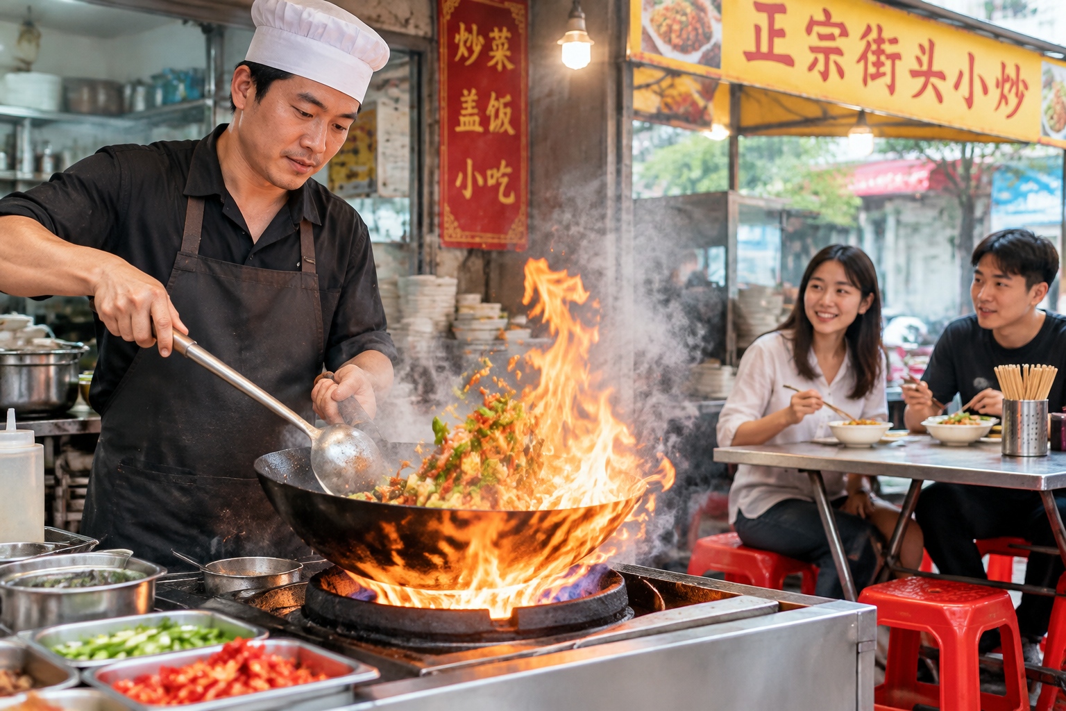 A busy Chinese street food vendor cooking with high flames in a wok, surrounded by customers sitting on plastic stools.