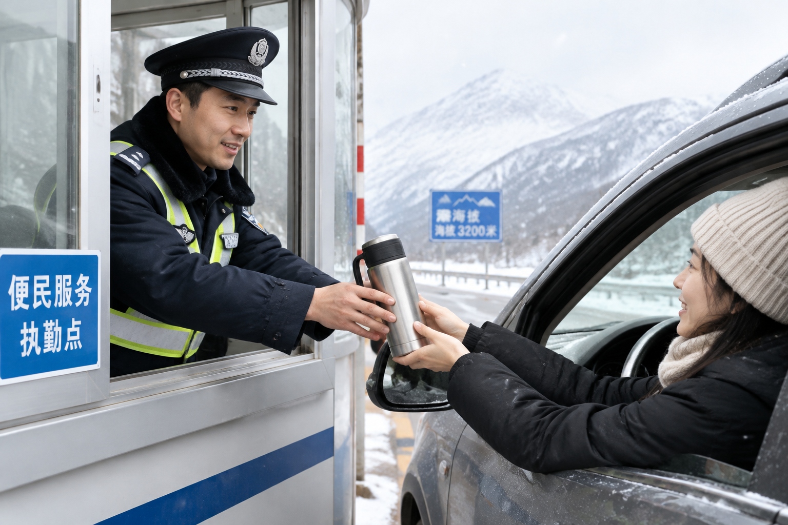 Driving Through Four Seasons: The Scenic Duku Highway Experience 24 Road safety officer providing hot water to drivers at a snowy checkpoint on the Duku Highway