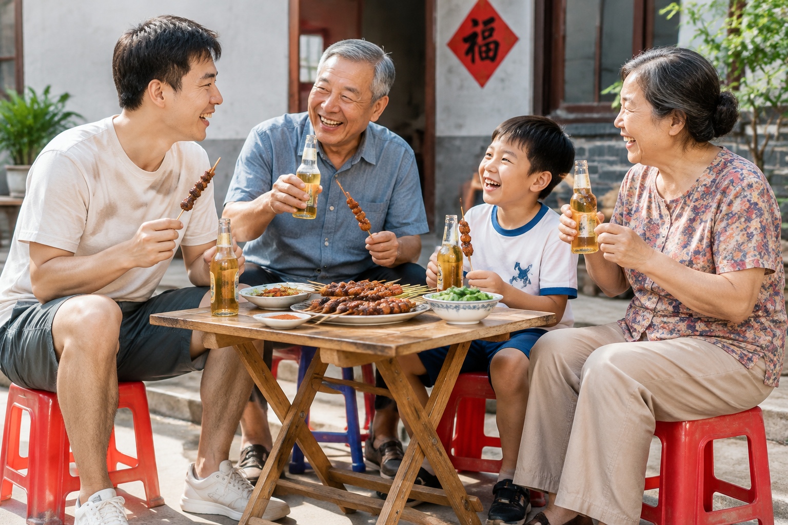 A family and friends sharing chicken frames at a street stall, showing intergenerational bonding over food