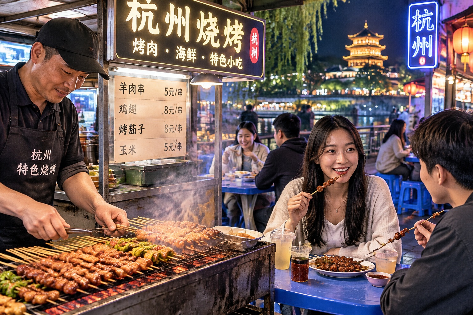 A busy night market stall in Hangzhou serving grilled food to local office workers and neighbors after dark