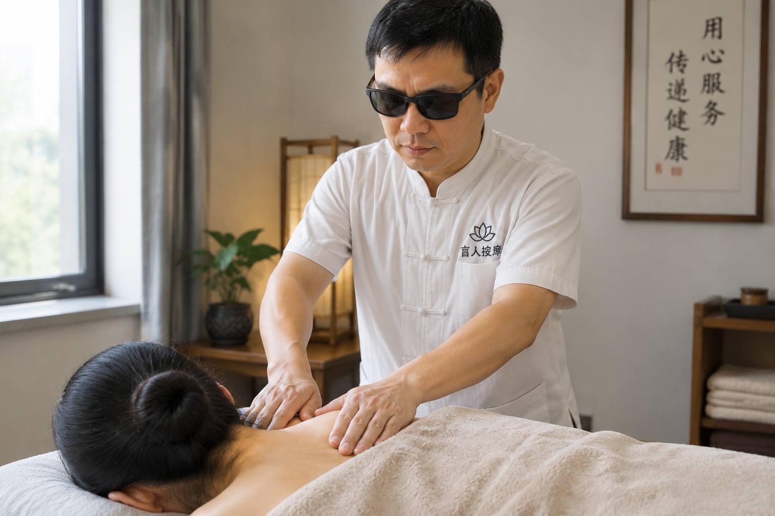 Blind massage therapist working on a customer's shoulders in a dimly lit Chinese wellness room
