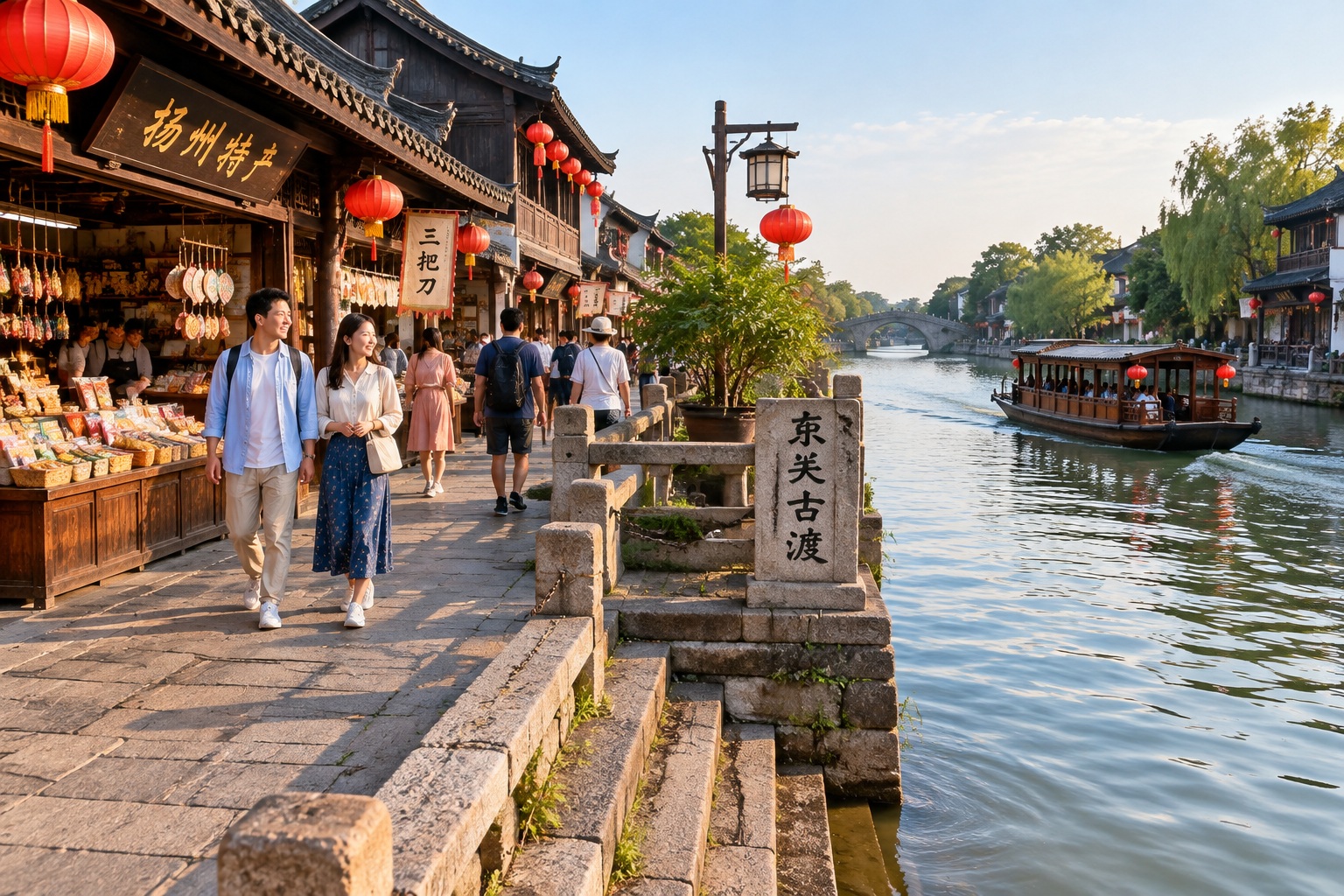 Tourists walking along Dongguan Street ancient wharf in Yangzhou on the Grand Canal, with traditional buildings and a passing barge.