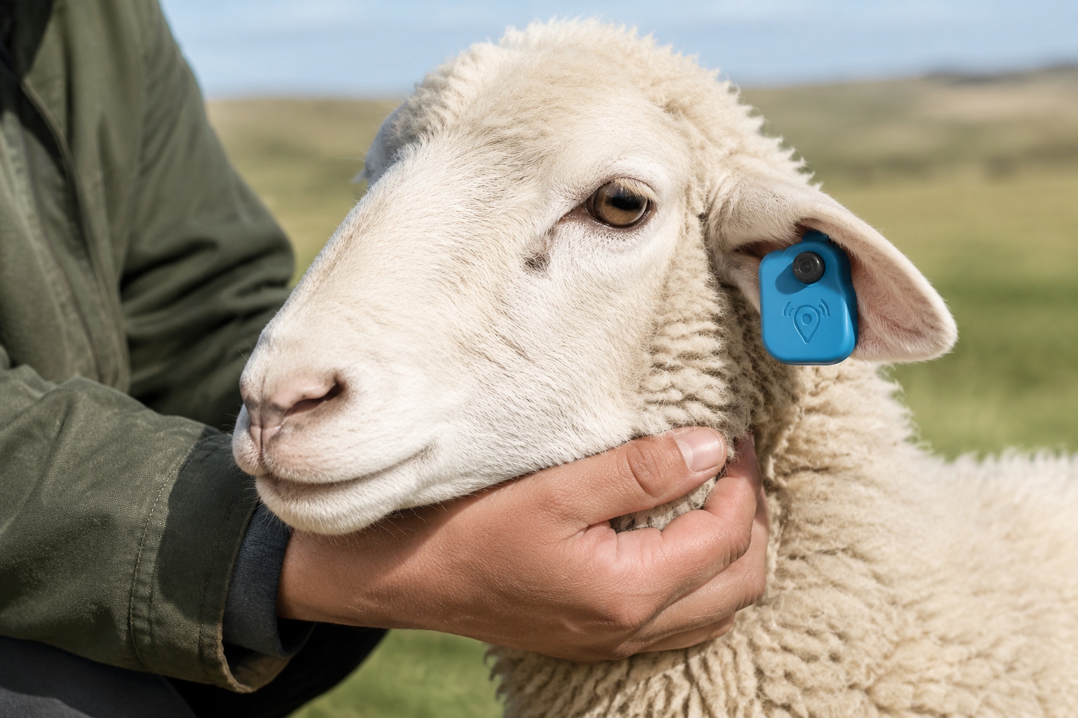 Close-up of a tan sheep wearing a GPS ear tag for tracking and health monitoring.