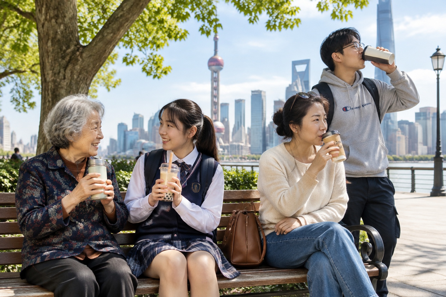 Diverse group of Chinese people enjoying hot beverages in a city park during summer heat, highlighting the intergenerational nature of this habit