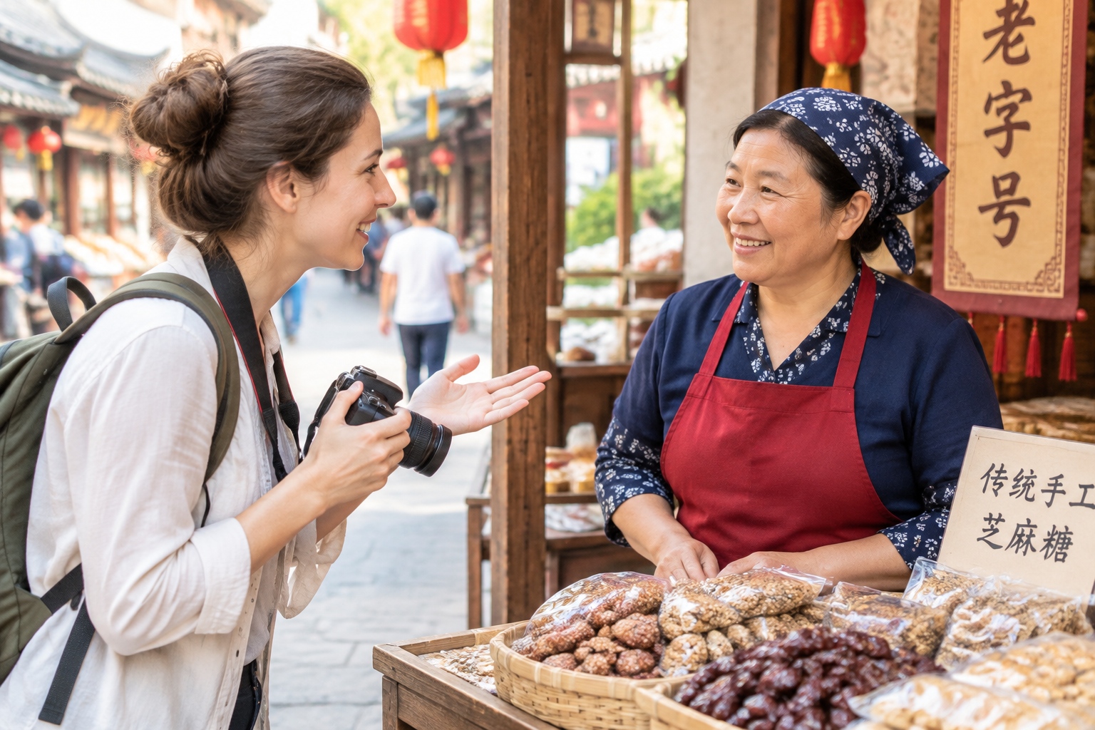 Tourist interacting with a local vendor while respecting photography etiquette on a busy Chinese street