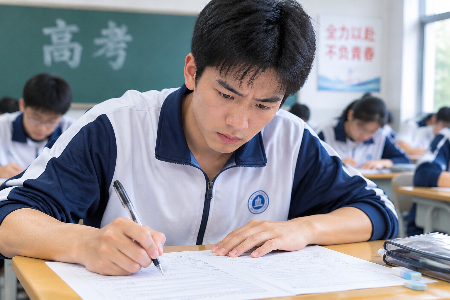 The Gaokao: Does It Really Decide a Chinese Youth's Fate? 22 A close-up view of a high school student taking the Gaokao exam in China, showing intense focus and concentration