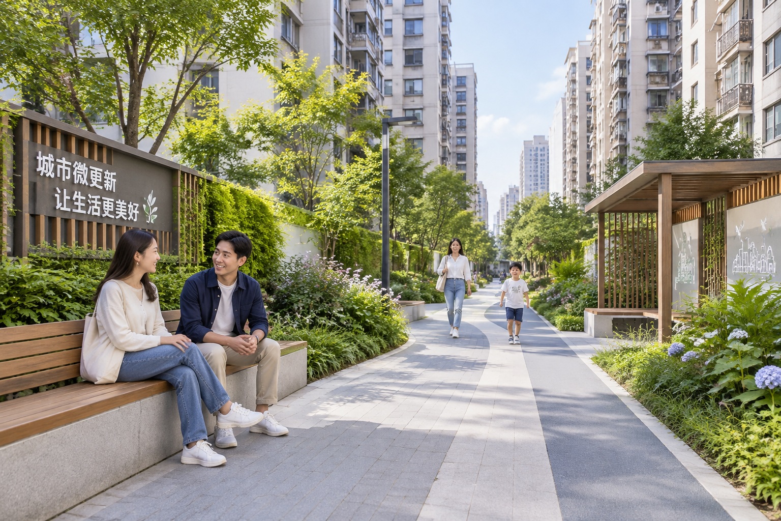 A newly created green corridor pocket park nestled between high-rise residential buildings in a dense Chinese city