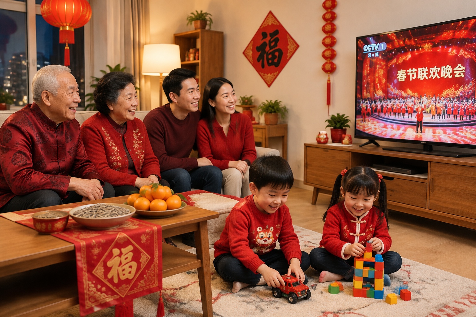 Chinese family watching television together on Chinese New Year's Eve, staying up late