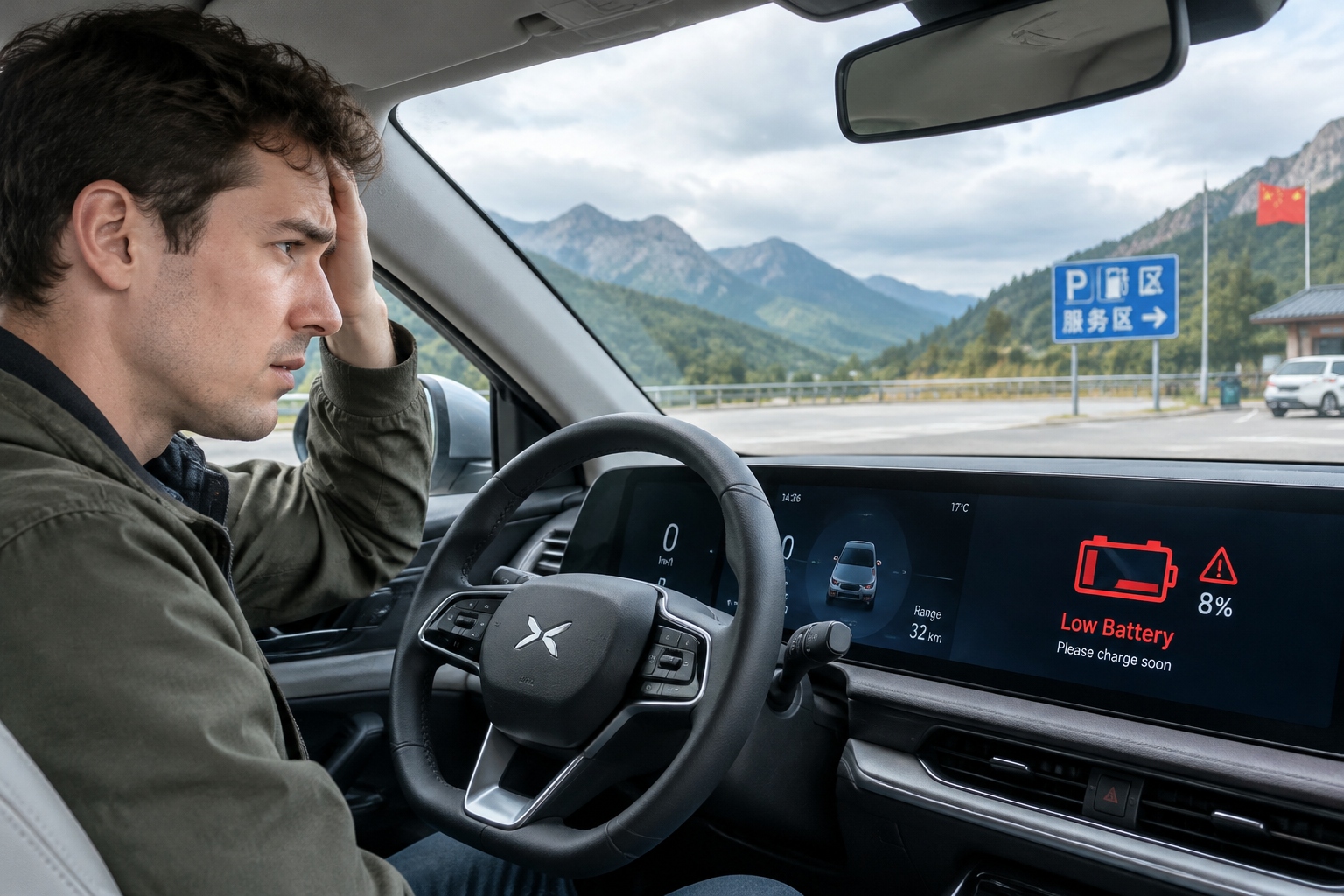 A close-up view of a Tesla Model Y dashboard displaying a low battery warning while parked at a service station in Sichuan, China, with mountains visible through the windshield