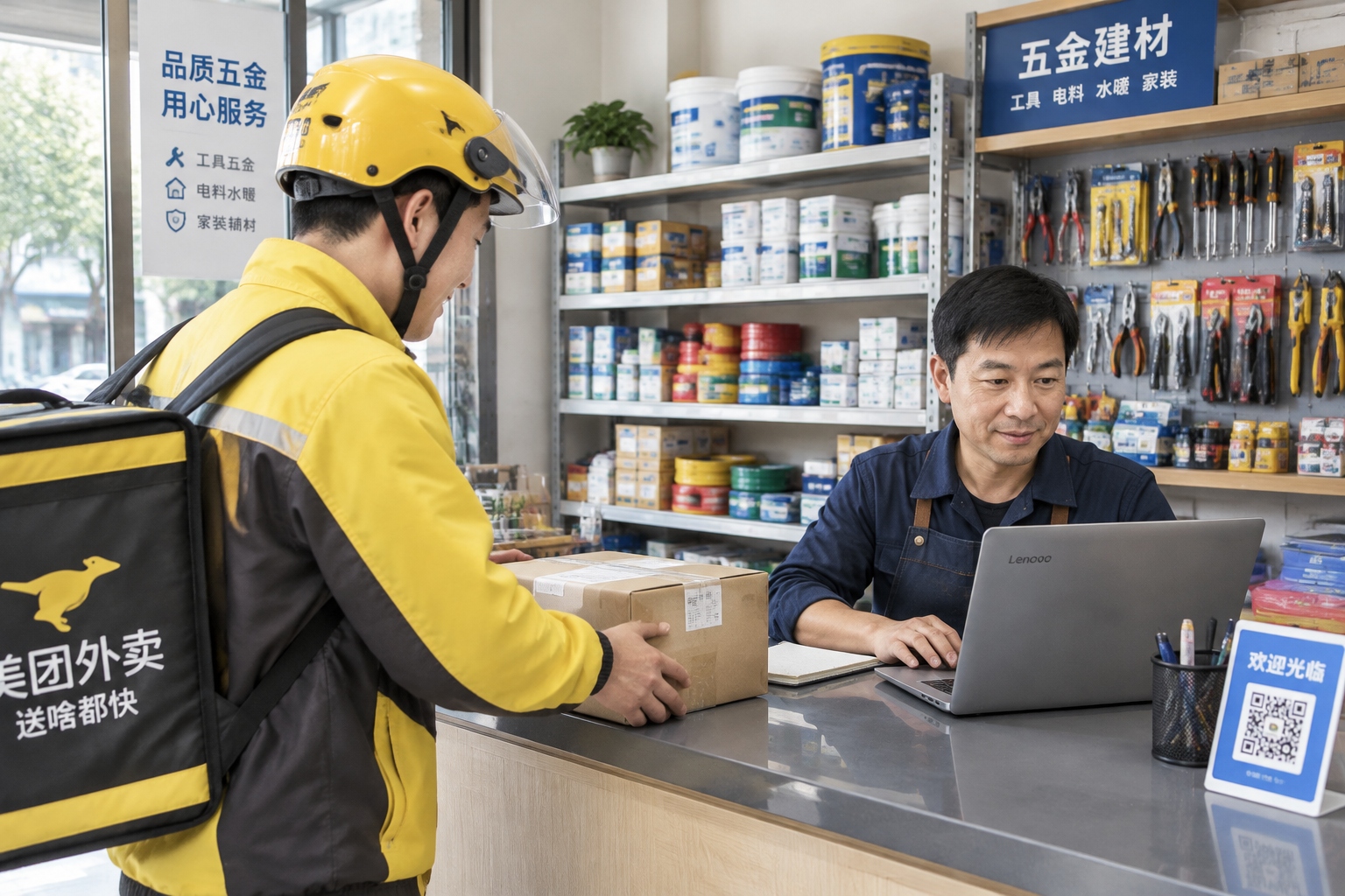 Small business owner in China managing e-commerce orders on a laptop while a delivery driver hands over a package