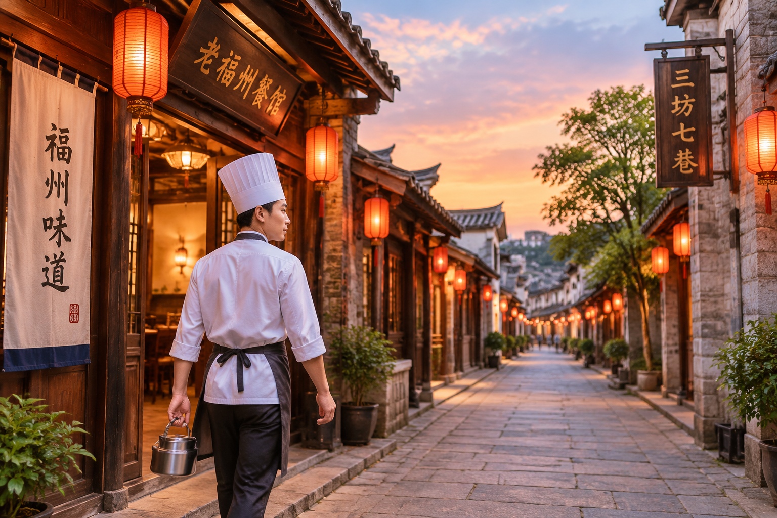 The historic Three Lanes and Seven Alleys in Fuzhou at twilight, symbolizing the blend of tradition and modern life in the city.