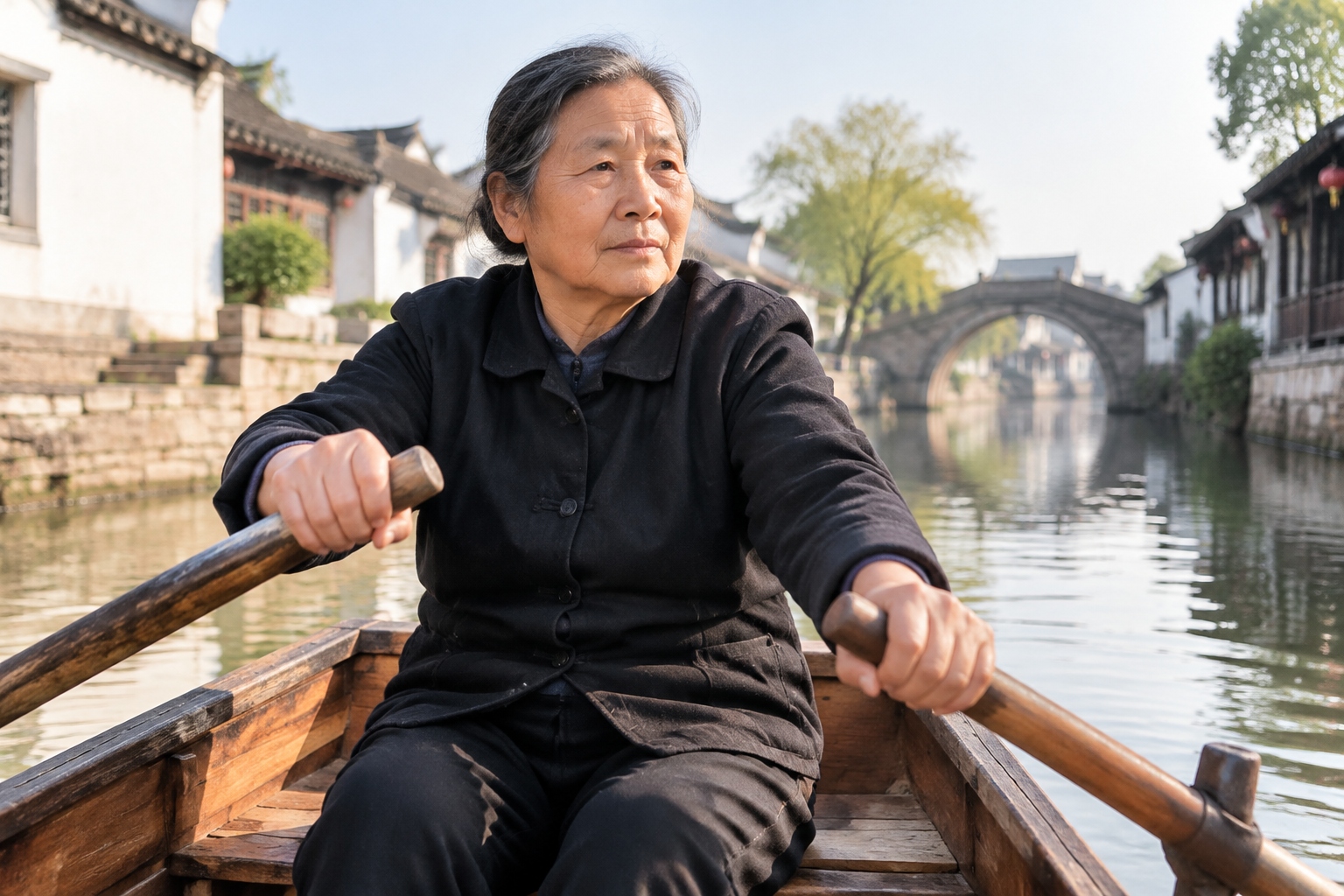 Elderly Chinese woman rowing a traditional black-hulled boat through a quiet canal in Suzhou water town at sunrise