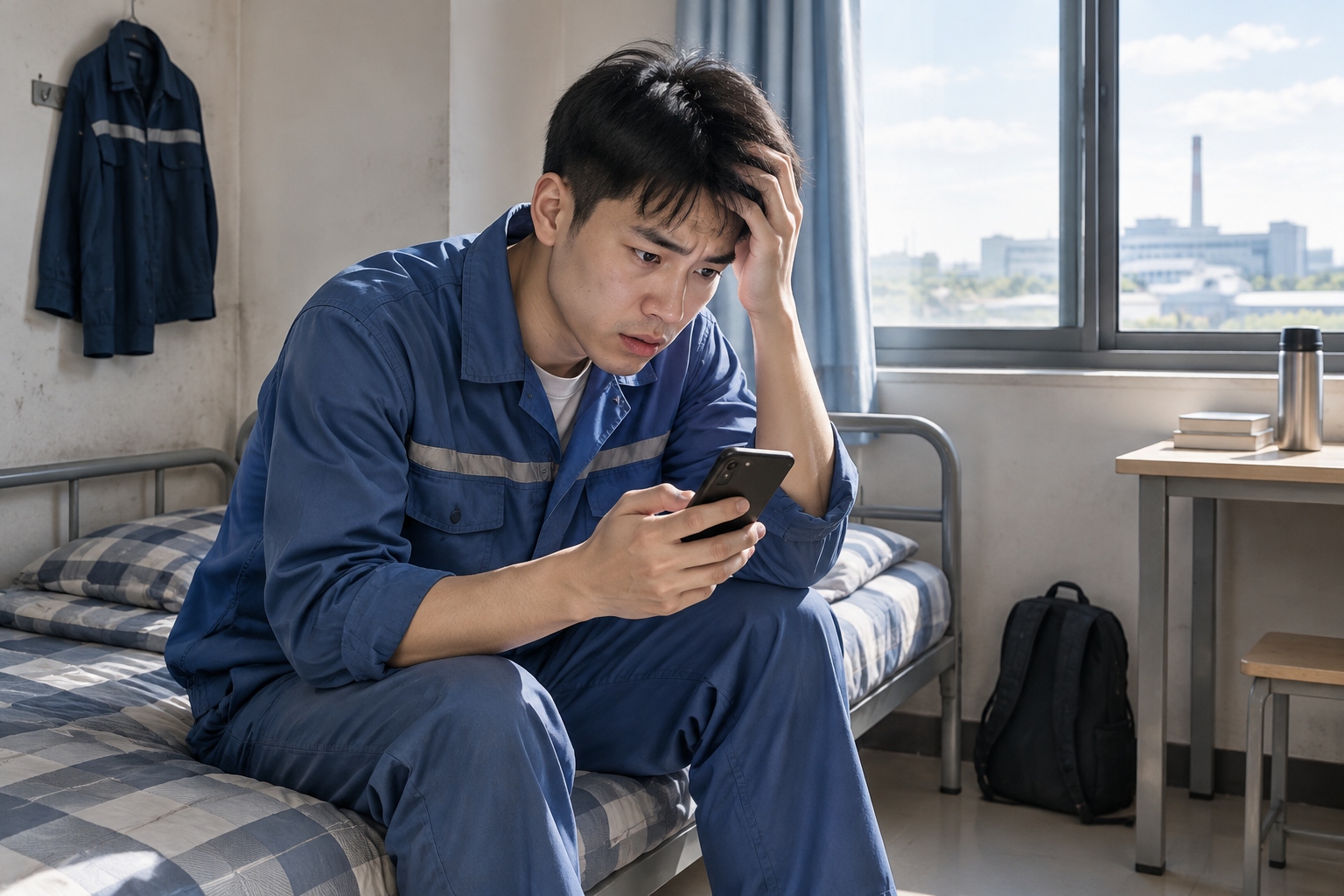 Young migrant worker checking phone for Spring Festival train tickets in a factory dormitory