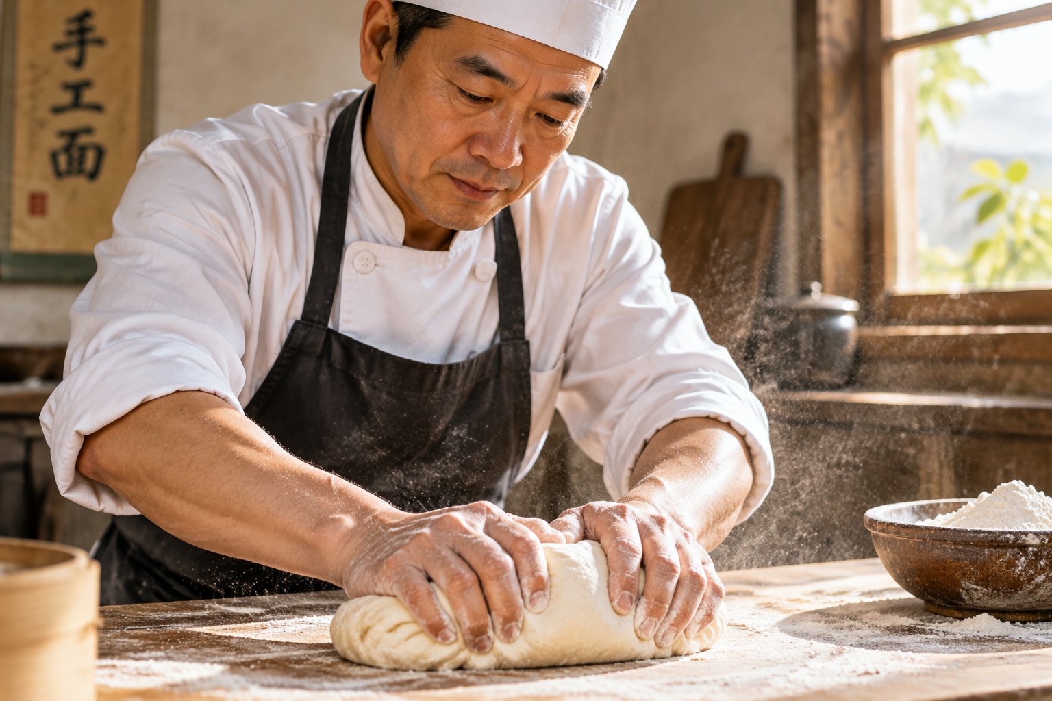 Close-up of an artisan's hands kneading traditional Chinese dough in a rustic workshop with natural lighting