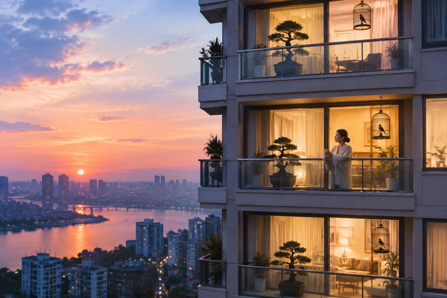 Silhouettes of bonsai trees and birdcages on the balconies of a Chinese high-rise apartment building at twilight.