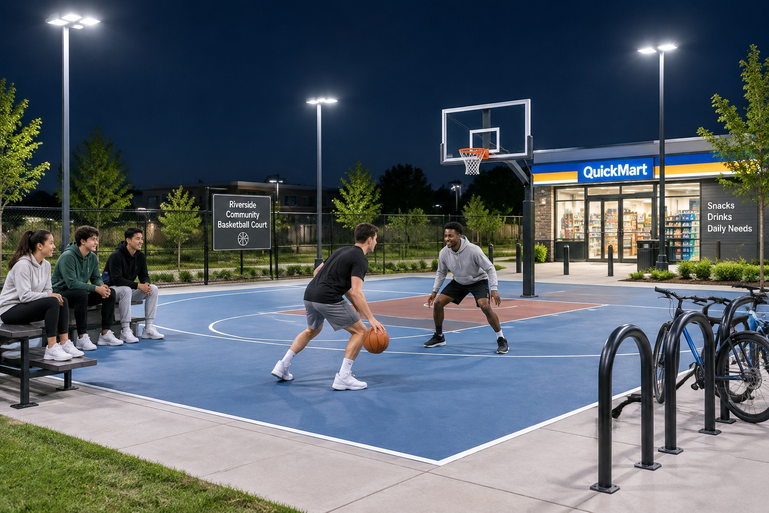 An empty but well-lit public basketball court in a Chinese city at night, showing how municipal investment supports safe recreational spaces for residents.